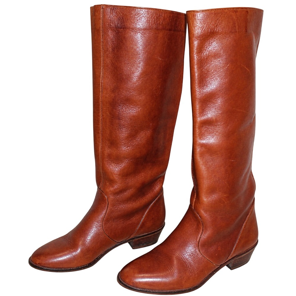 Vintage Stallion Leather Tall Riding Boots Women 6B Cognac Brown Designer Luxury